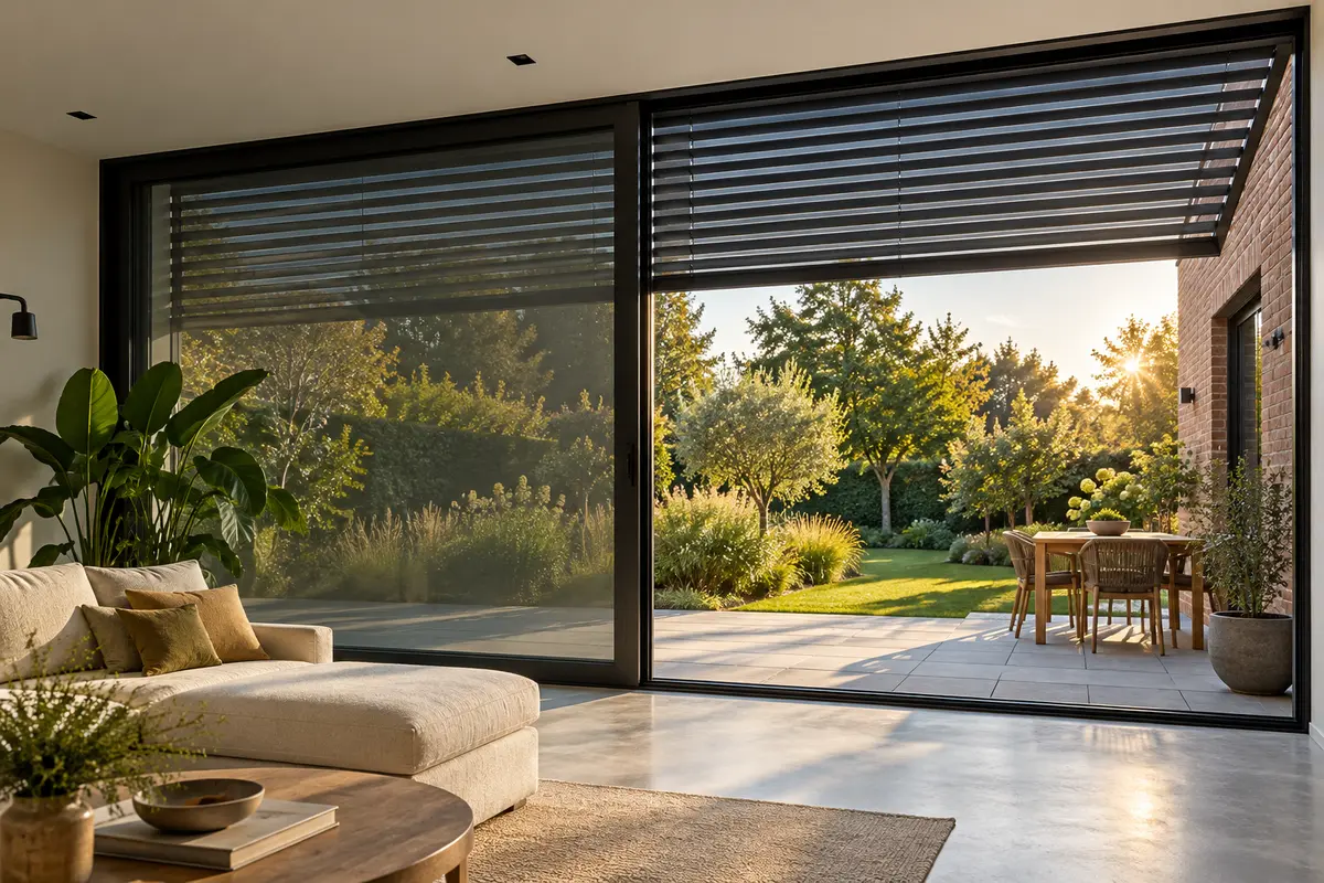 Baie vitrée d’une annexe équipée d’une protection solaire extérieure face au jardin