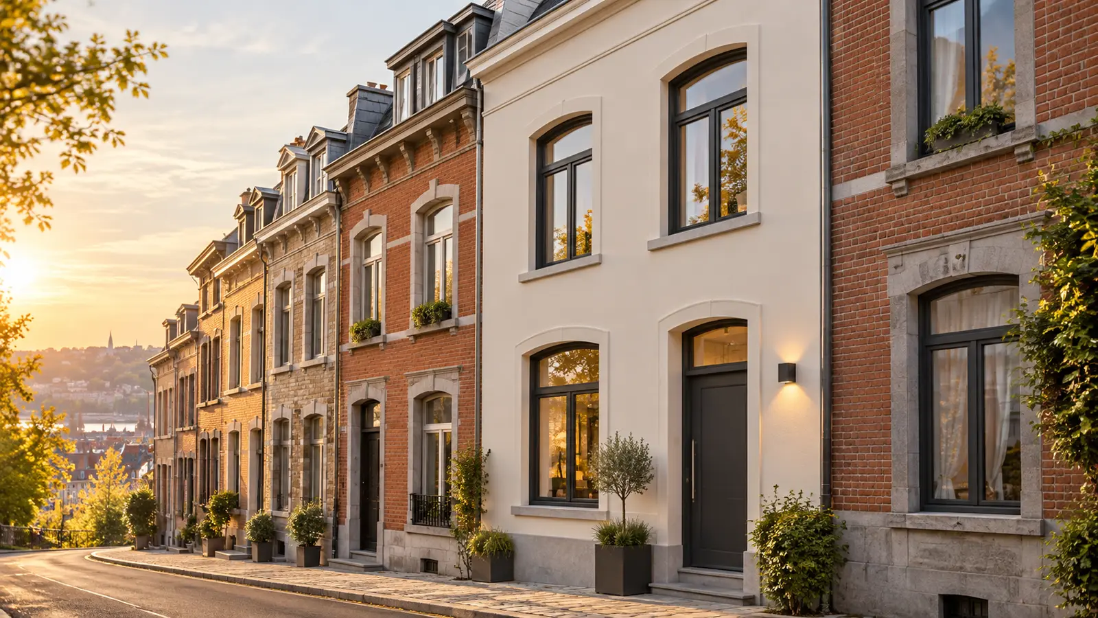 Maison mitoyenne liégeoise à façade enduite ivoire et châssis anthracite dans une rue en pente