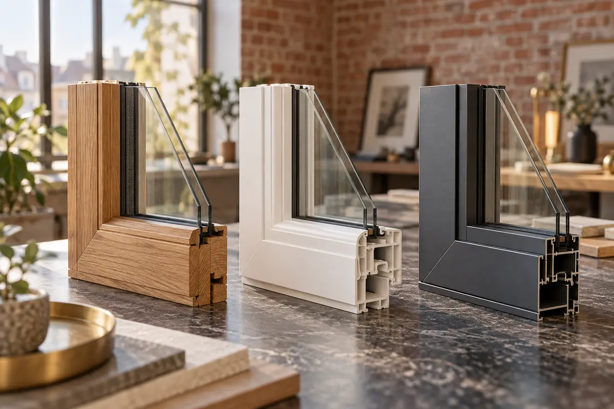 Trois profils de châssis en bois, PVC ivoire et aluminium anthracite présentés côte à côte
