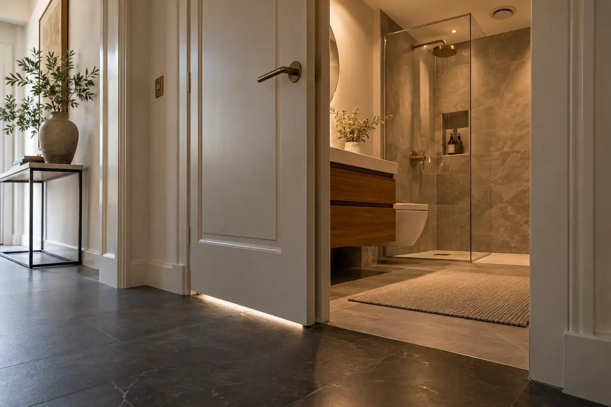 Porte entrouverte montrant le passage d’air vers une salle de bain sans fenêtre