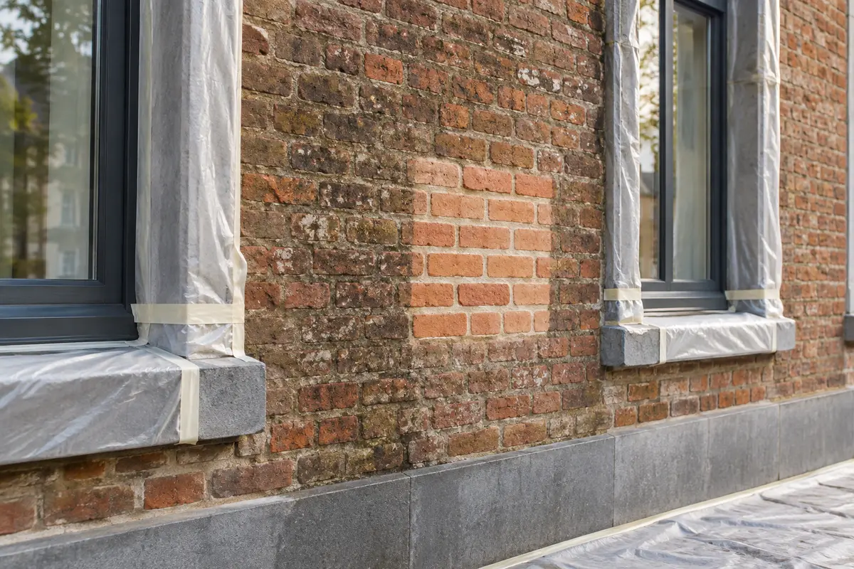Zone rectangulaire plus claire sur une façade en briques entre deux fenêtres aux encadrements protégés