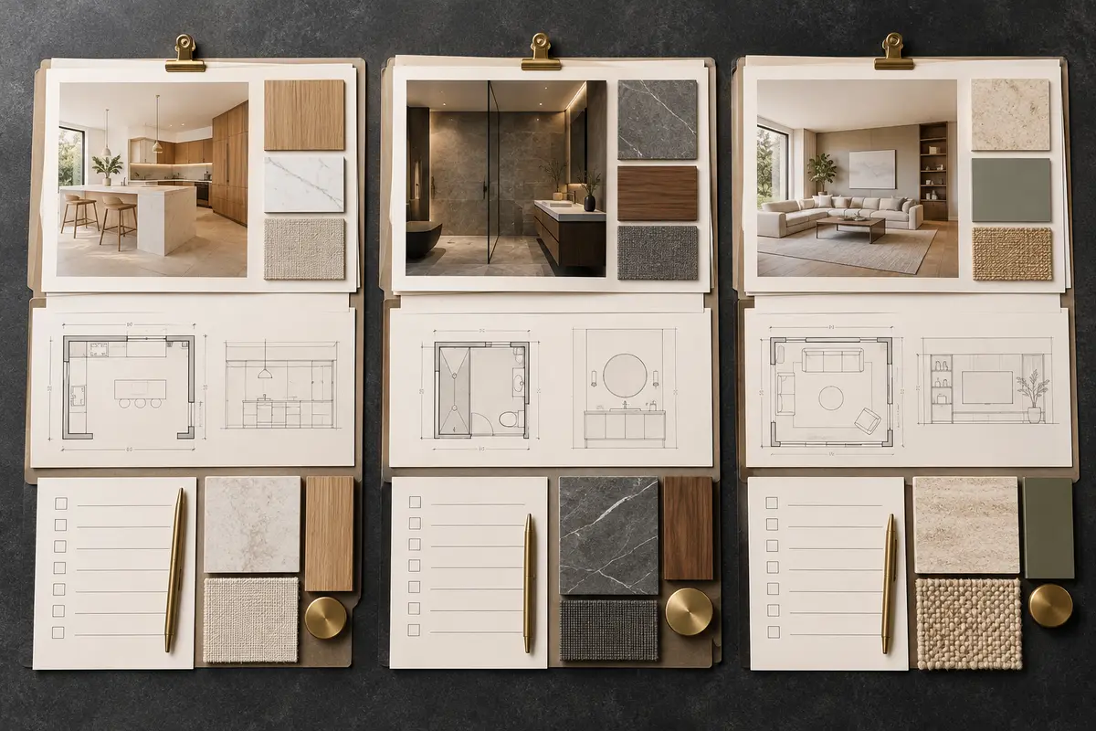 Planches de préparation avec plans de pièces, échantillons de matériaux et listes de choix