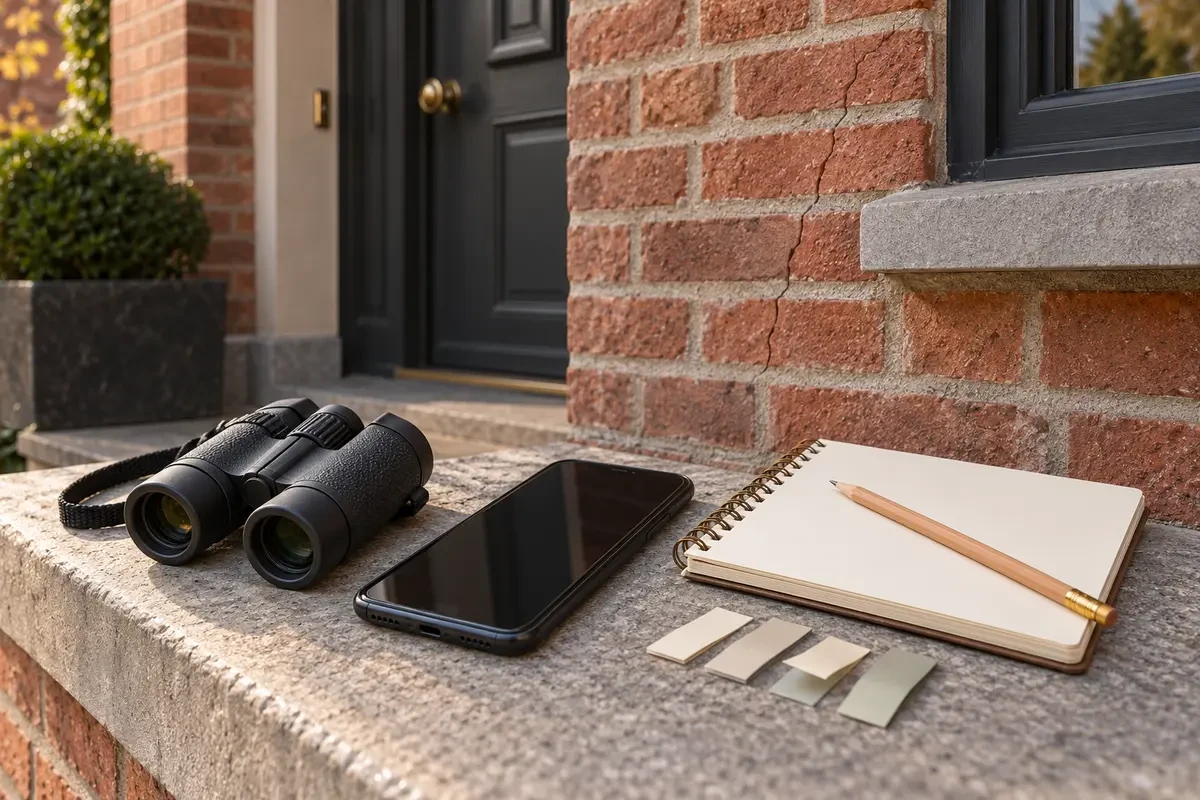 Jumelles, téléphone et carnet utilisés pour documenter une fissure de façade depuis le sol