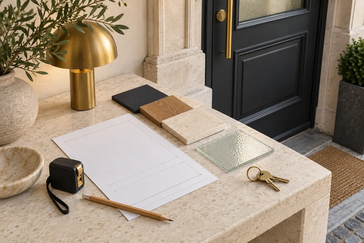 Échantillons, mètre et feuille de mesures pour préparer le choix d’une porte d’entrée