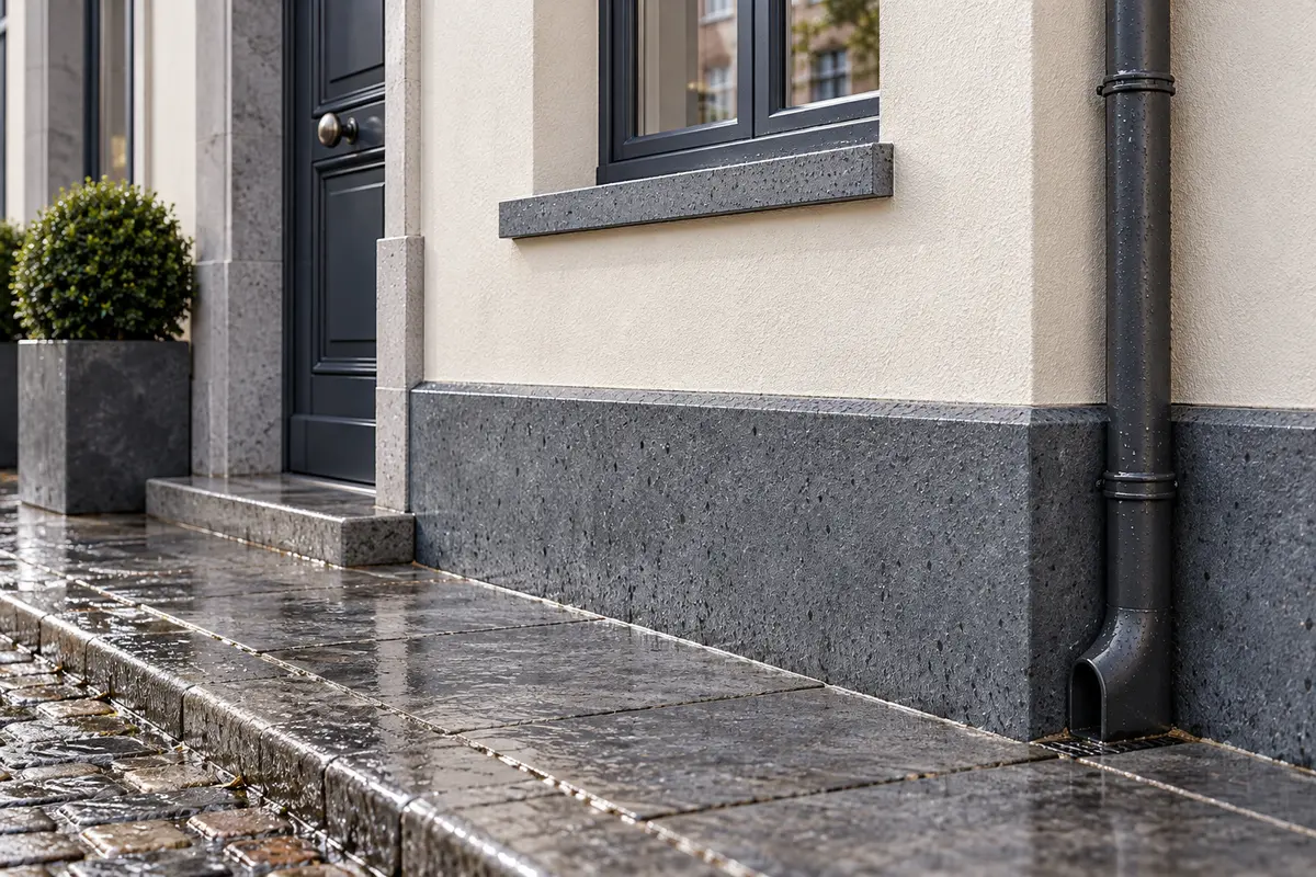 Pied de façade enduit avec soubassement foncé et descente d’eau après la pluie