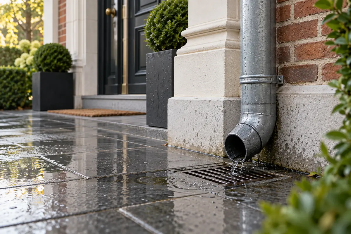 Descente déversant de l’eau près d’une grille au pied d’une façade en briques