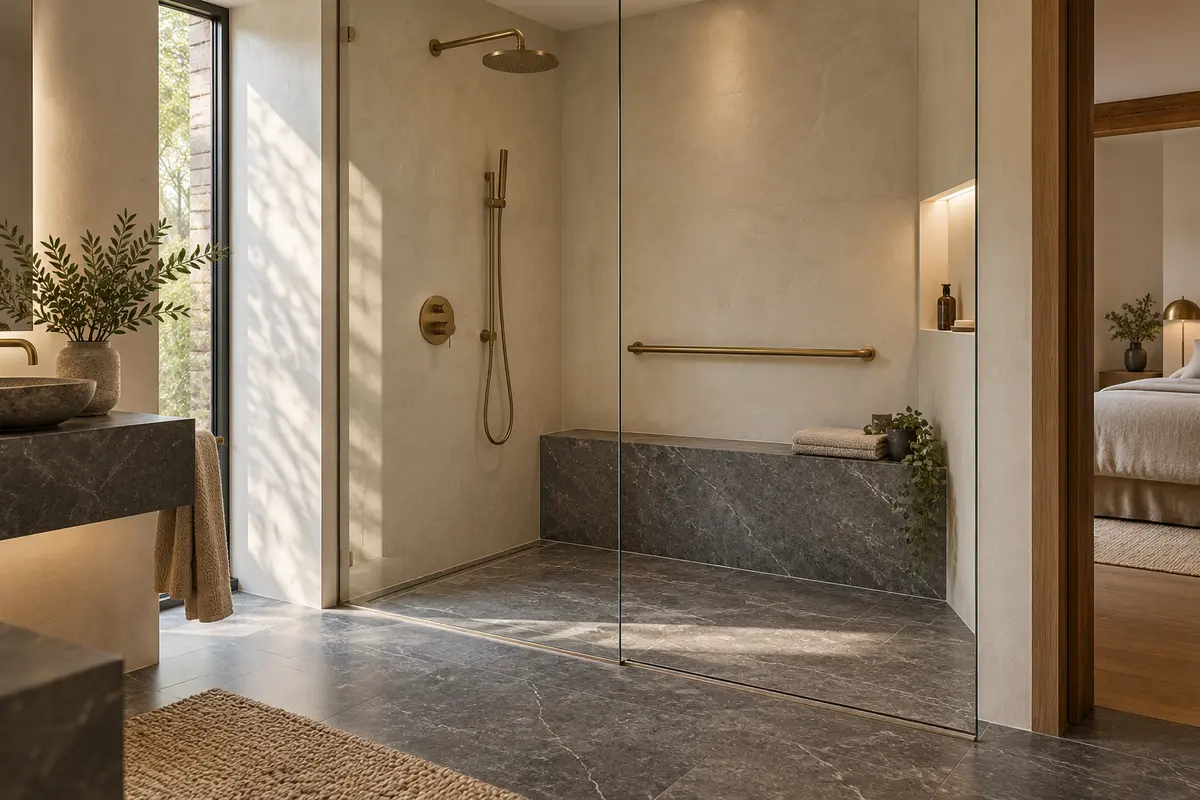 Douche de plain-pied avec banc intégré et barre d’appui discrète