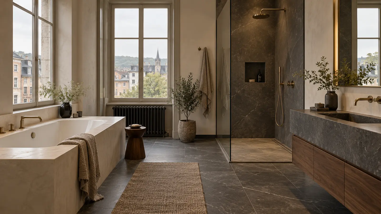 Salle de bain aux tons ivoire et anthracite avec baignoire et douche à l’italienne