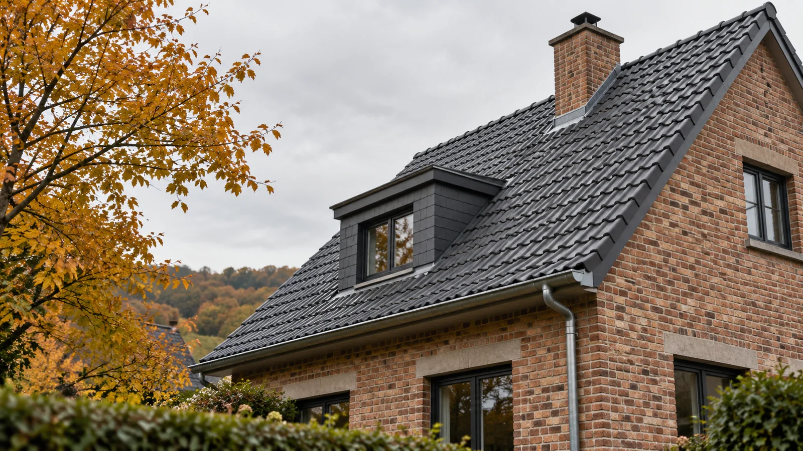 Maison en briques avec toiture inclinée en tuiles anthracite observée depuis le jardin en automne