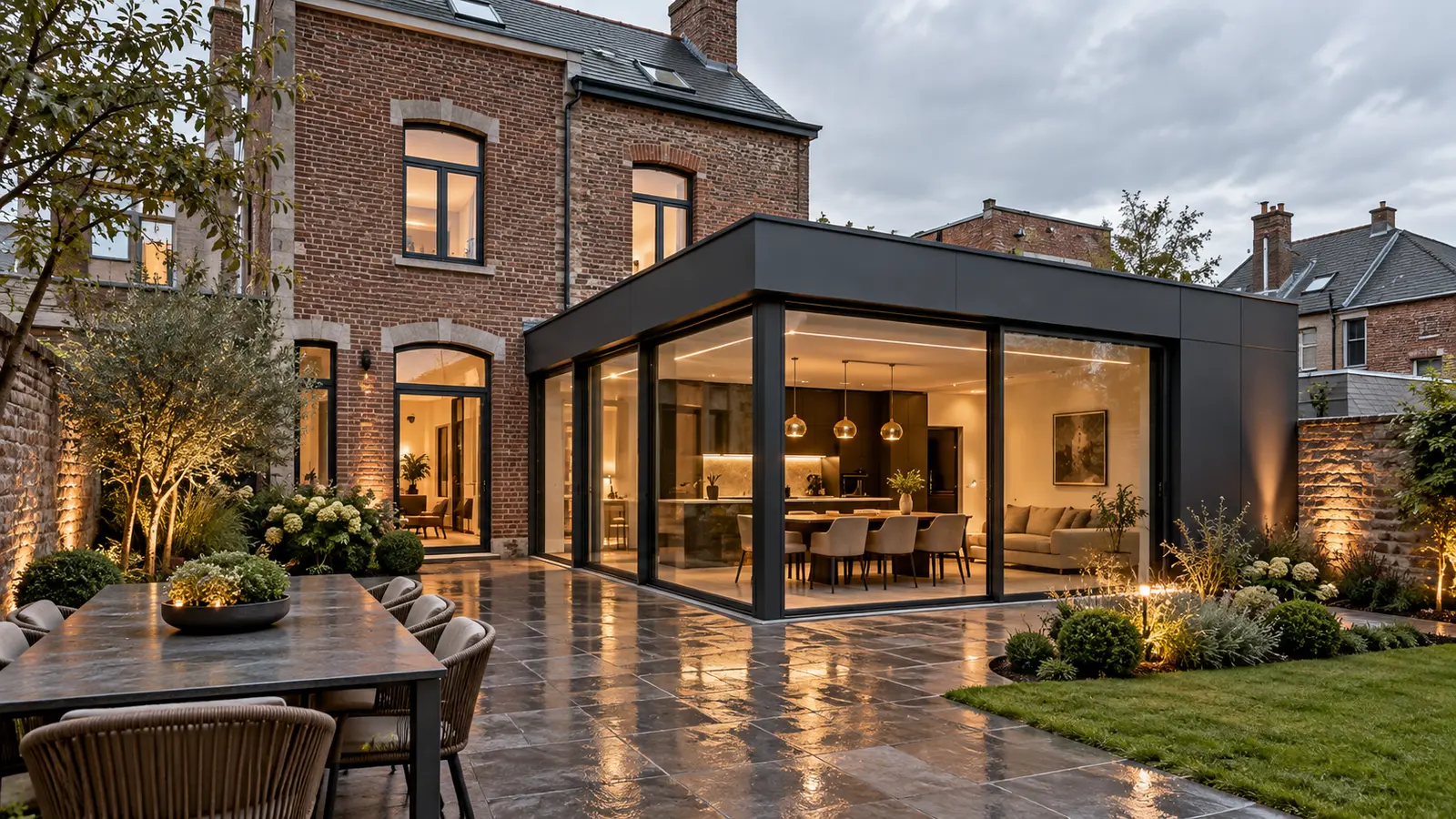 Annexe contemporaine vitrée reliée à une maison liégeoise en briques sous un ciel couvert
