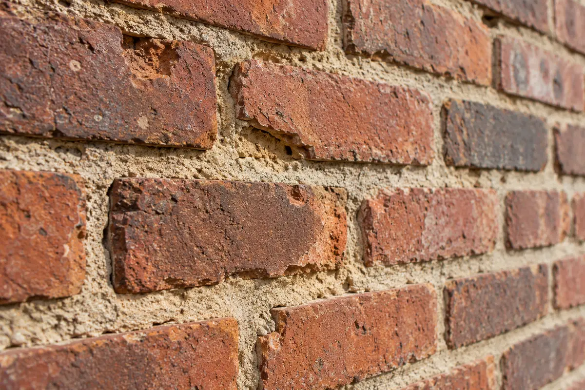 Joints de mortier érodés et localement manquants entre des briques anciennes