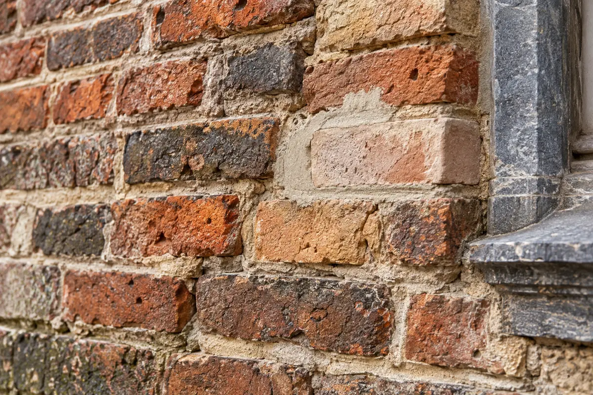 Détail de briques anciennes aux surfaces irrégulières et de joints près d’un encadrement en pierre