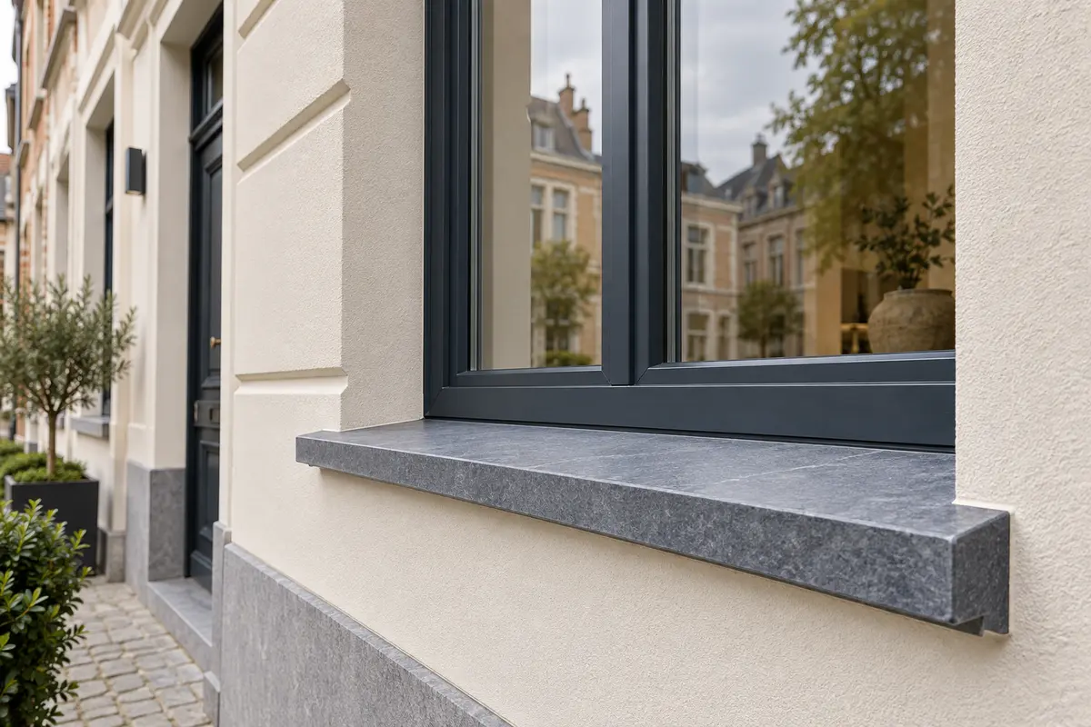 Fenêtre anthracite avec retour de baie enduit et seuil en pierre bleue sur façade isolée