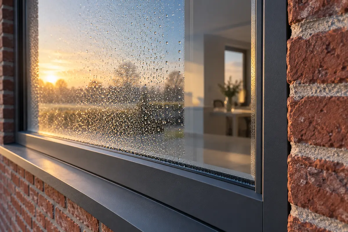 Gouttelettes sur la face extérieure d’un vitrage à cadre foncé au lever du soleil, près d’un mur en briques