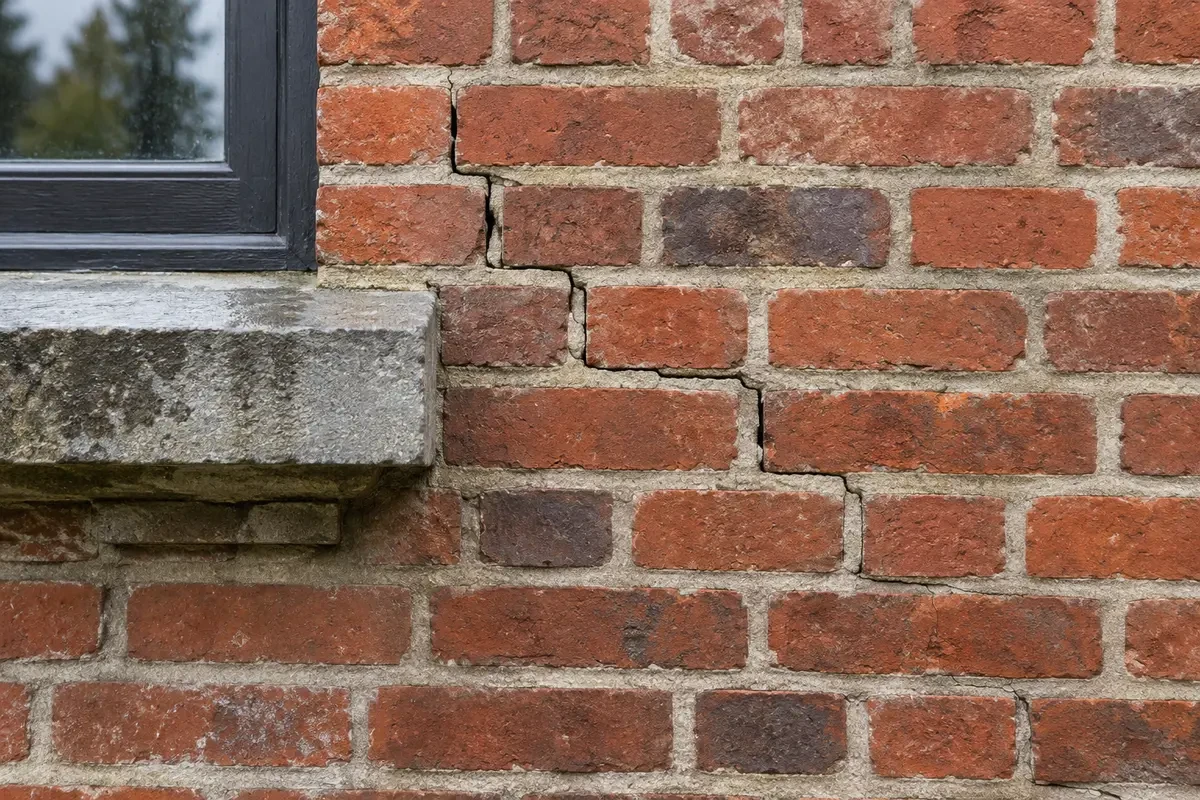 Fissure en escalier suivant les joints d’une façade en briques
