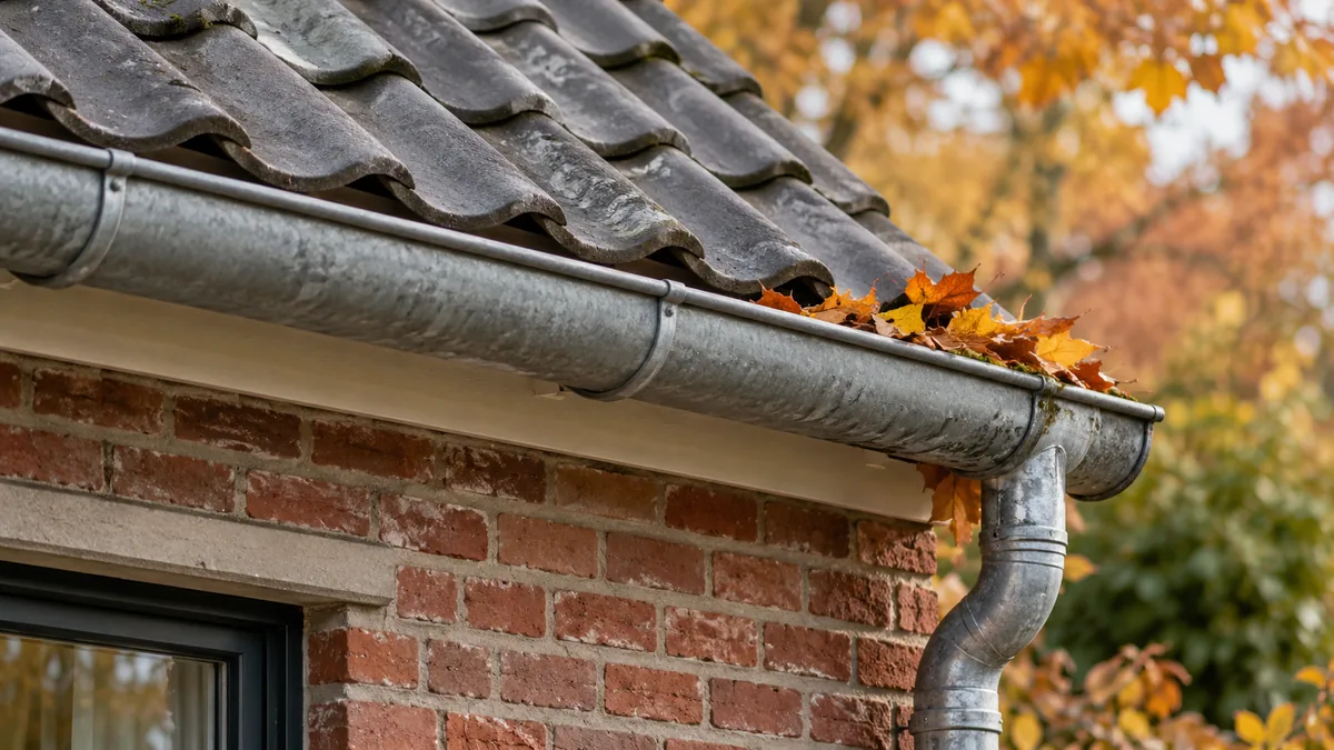Gouttière en zinc contenant quelques feuilles d’automne sous une toiture en tuiles