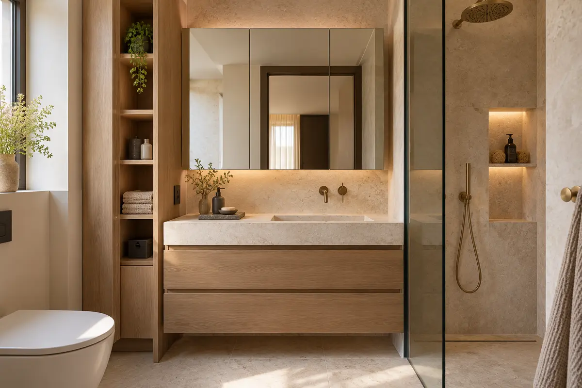 Meuble vasque à tiroirs, armoire miroir et colonne de rangement dans une petite salle de bain