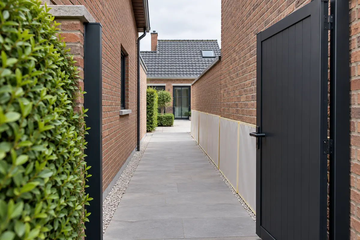 Passage latéral dégagé entre deux maisons en briques avant une intervention en toiture