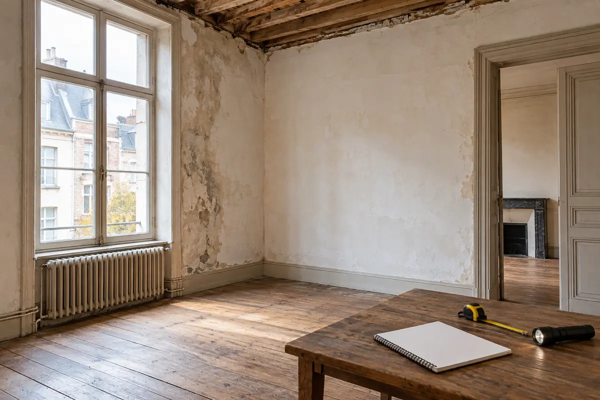 Pièce ancienne inspectée avant rénovation avec mur marqué par l’humidité, carnet et mètre