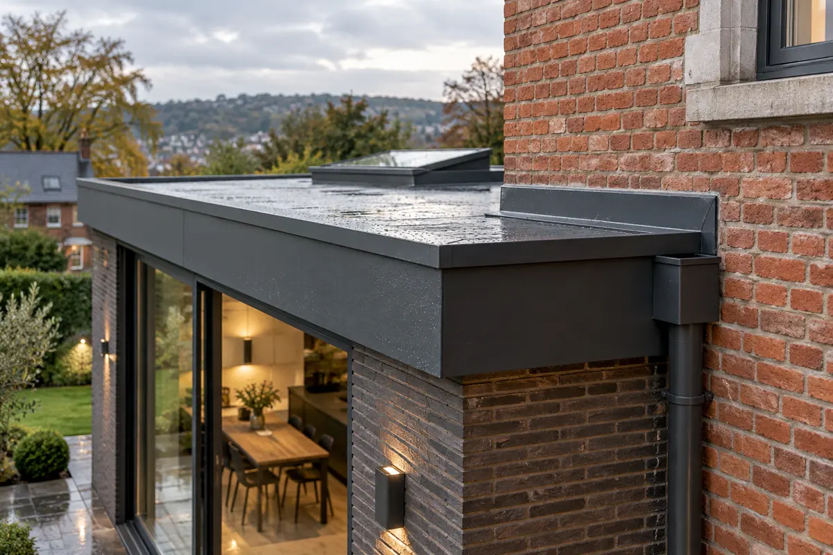 Raccord et évacuation d’eau visibles sur le toit plat d’une annexe accolée à une maison en briques