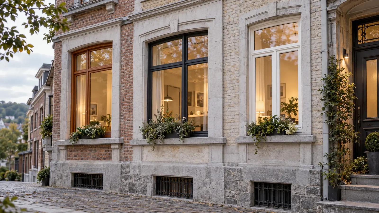 Façade liégeoise avec châssis en finition bois, anthracite et ivoire