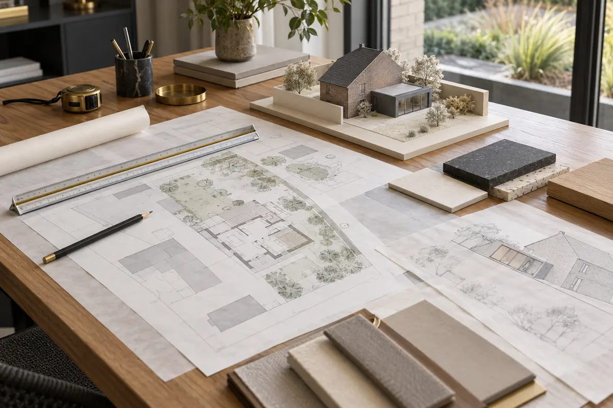 Plans, maquette et échantillons préparés pour étudier une annexe de maison