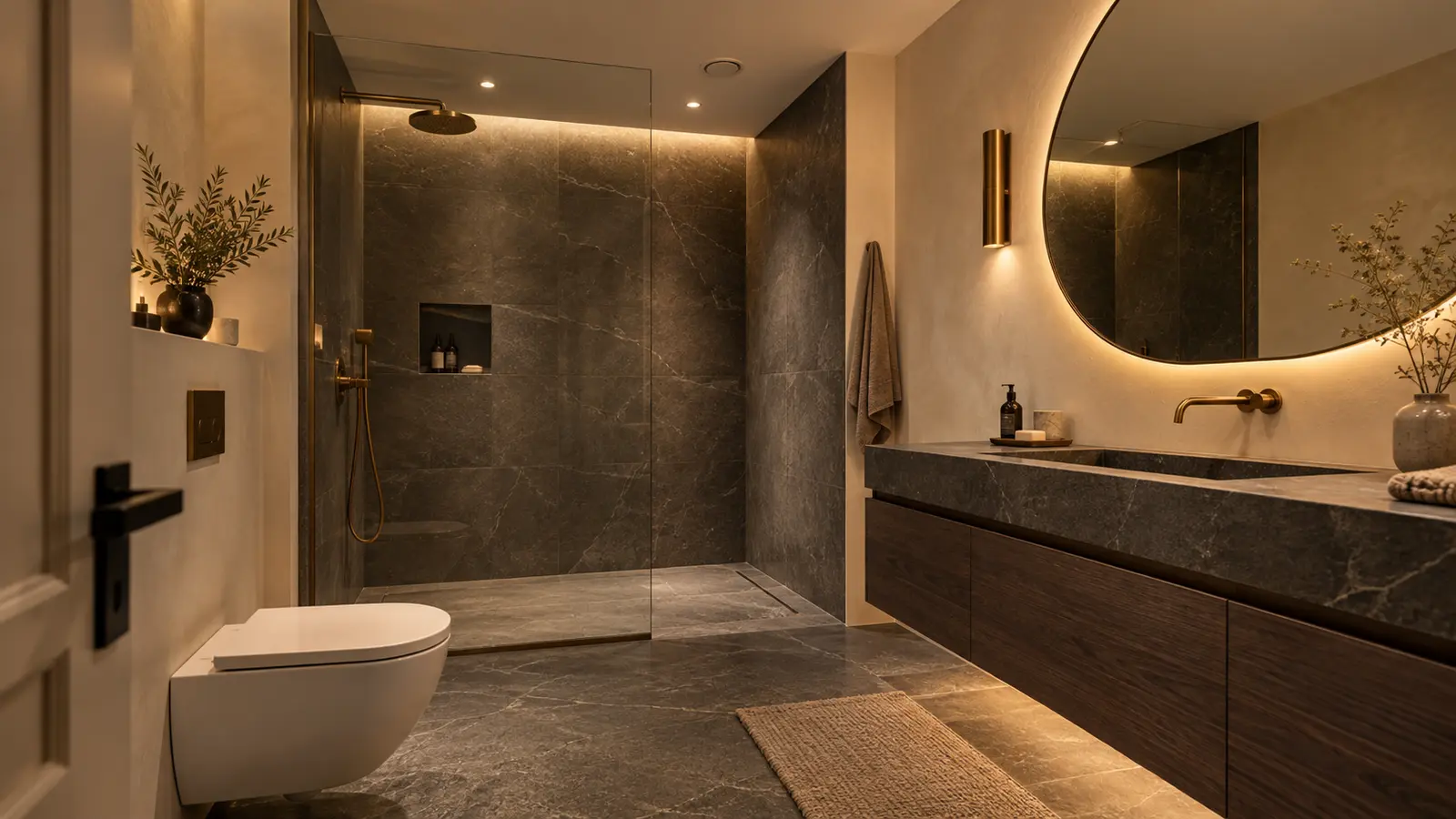 Salle de bain sans fenêtre en tons ivoire et anthracite avec bouche d’extraction au plafond