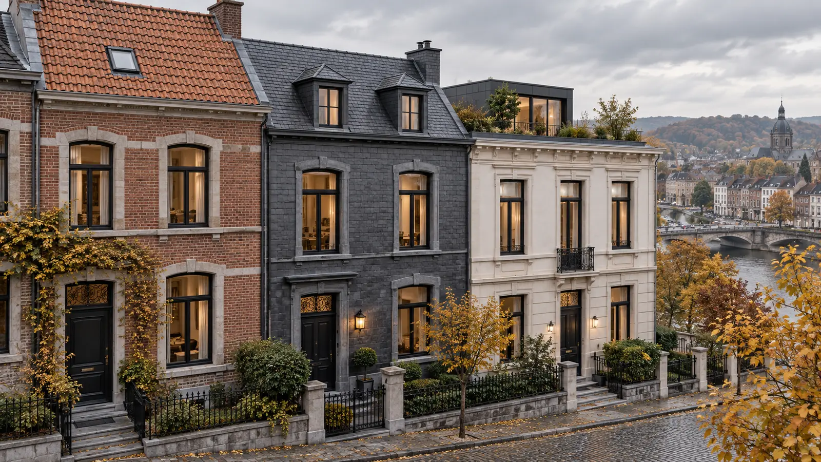 Maisons liégeoises avec toiture en tuiles, toiture en ardoises et extension à toit plat en automne