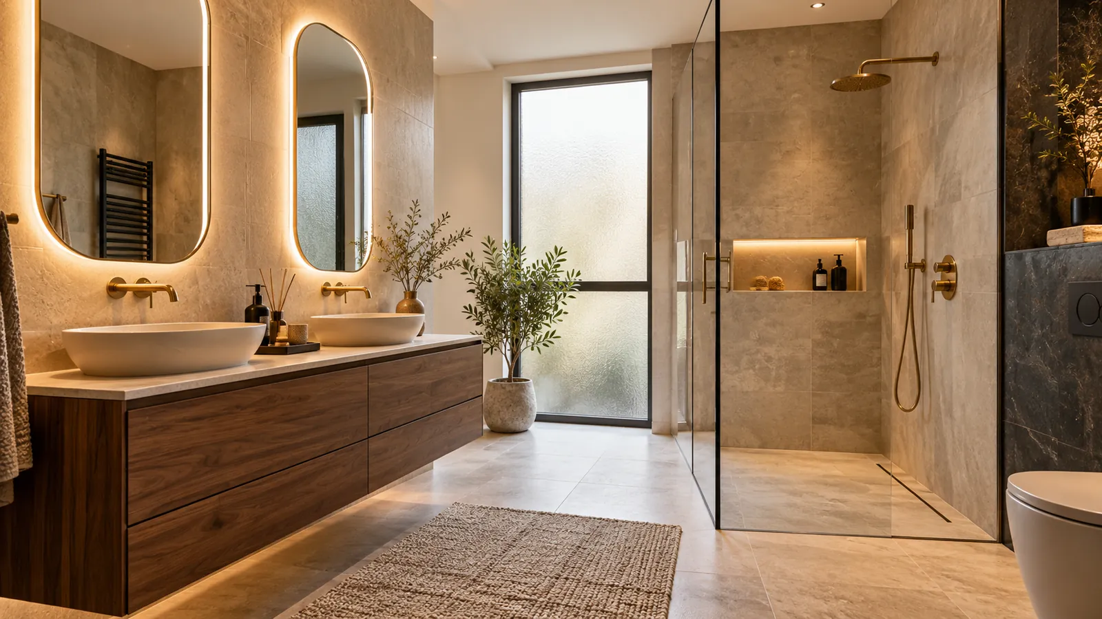 Salle de bain contemporaine avec double vasque sur meuble en noyer, miroirs lumineux, douche vitrée et robinetterie dorée