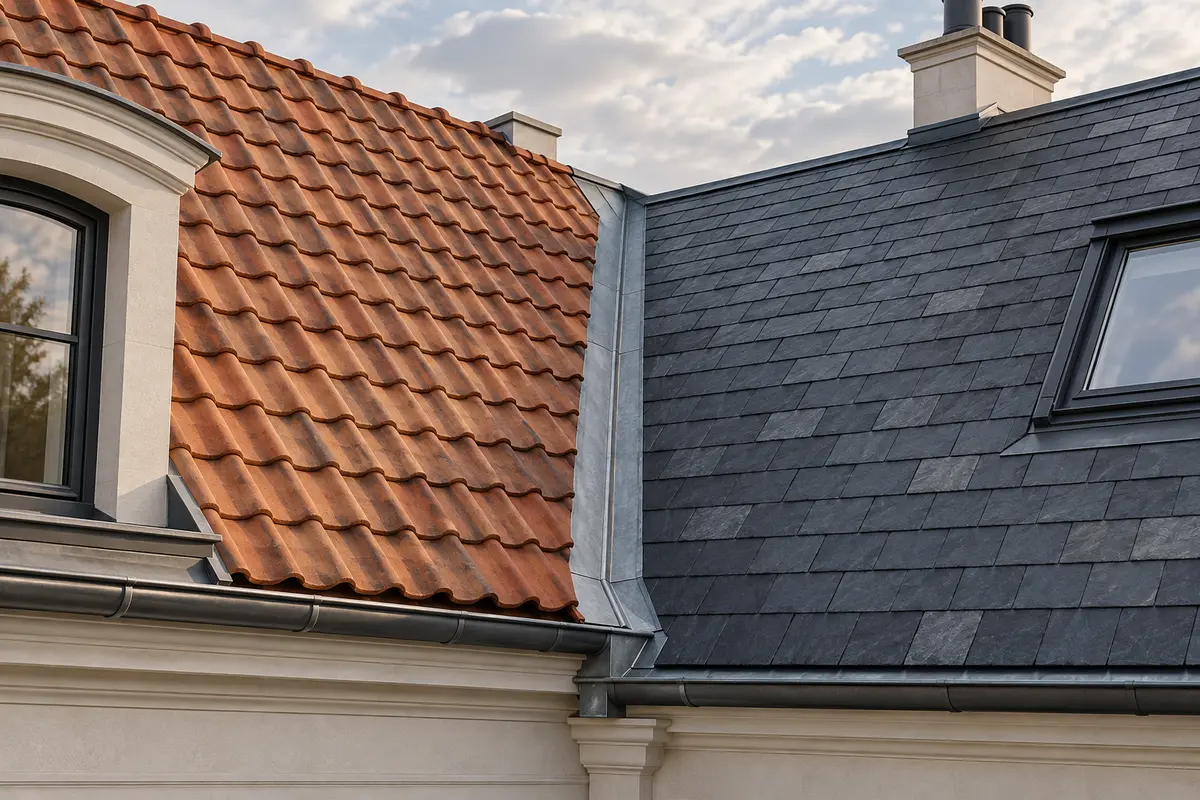 Toitures inclinées voisines en tuiles de terre cuite et en ardoises avec raccord en zinc