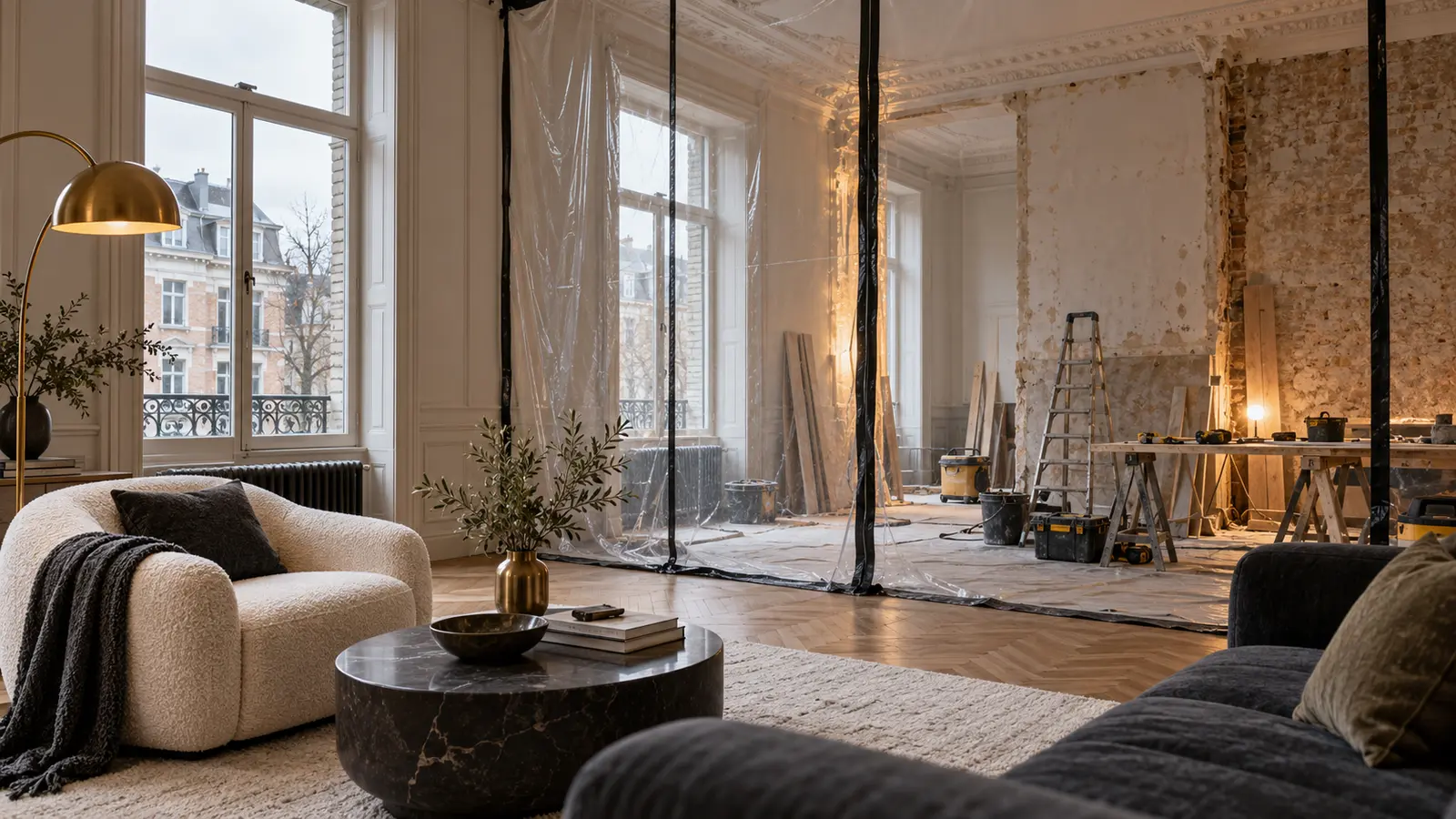 Séjour maintenu habitable à côté d’une pièce en rénovation séparée par une protection transparente