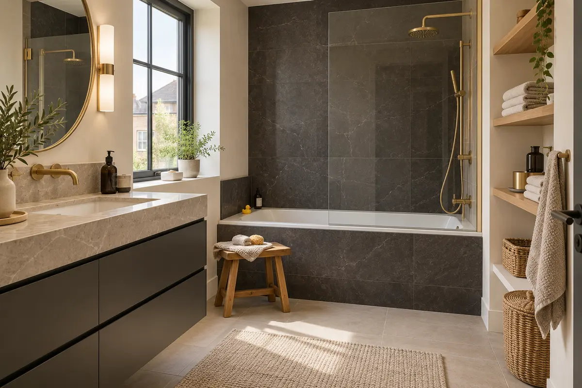 Salle de bain familiale compacte avec baignoire-douche et rangements accessibles