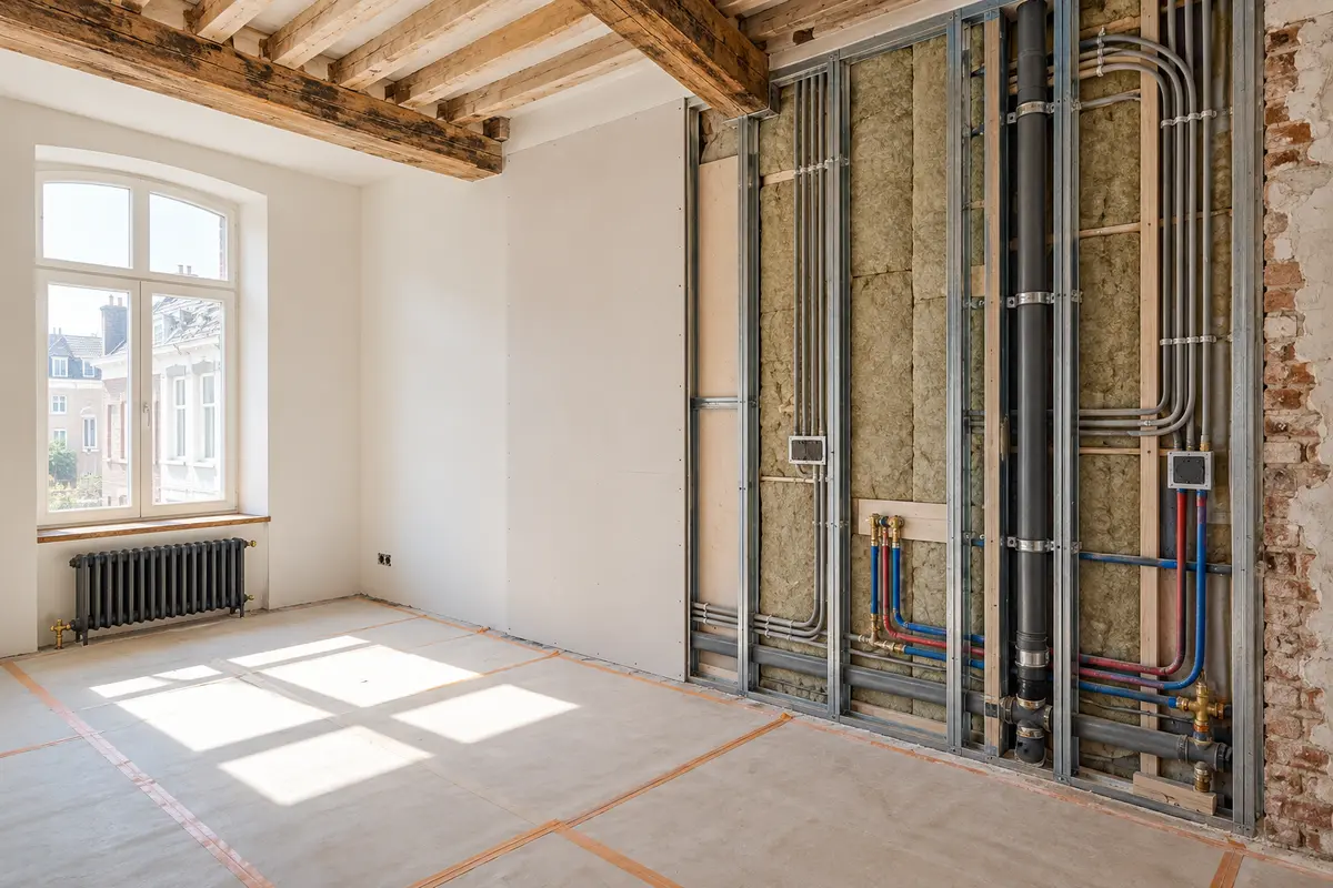 Réseaux techniques et isolation visibles avant la fermeture des parois d’une maison ancienne