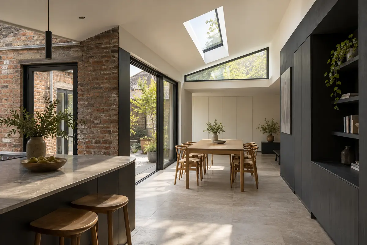 Salle à manger d’une annexe éclairée par une fenêtre haute et une ouverture de toiture