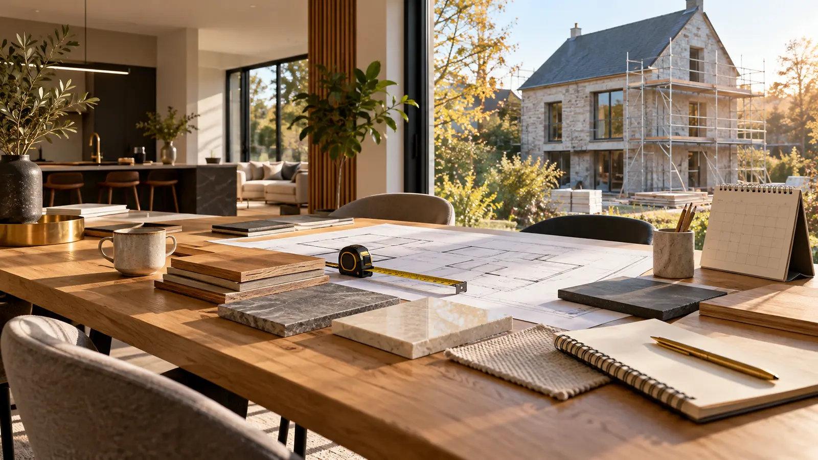 Plans, matériaux et calendrier préparés devant une maison en rénovation