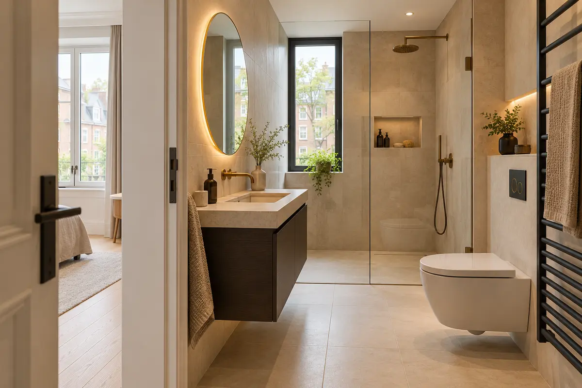 Passage dégagé entre un meuble suspendu, une douche vitrée et un WC mural dans une petite salle de bain