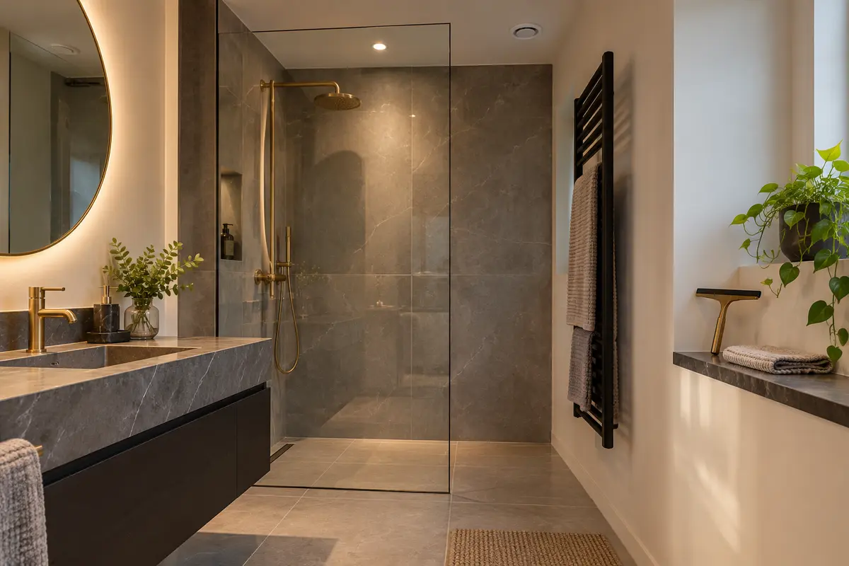 Salle de bain entretenue avec raclette, chiffon et bouche d’extraction visibles
