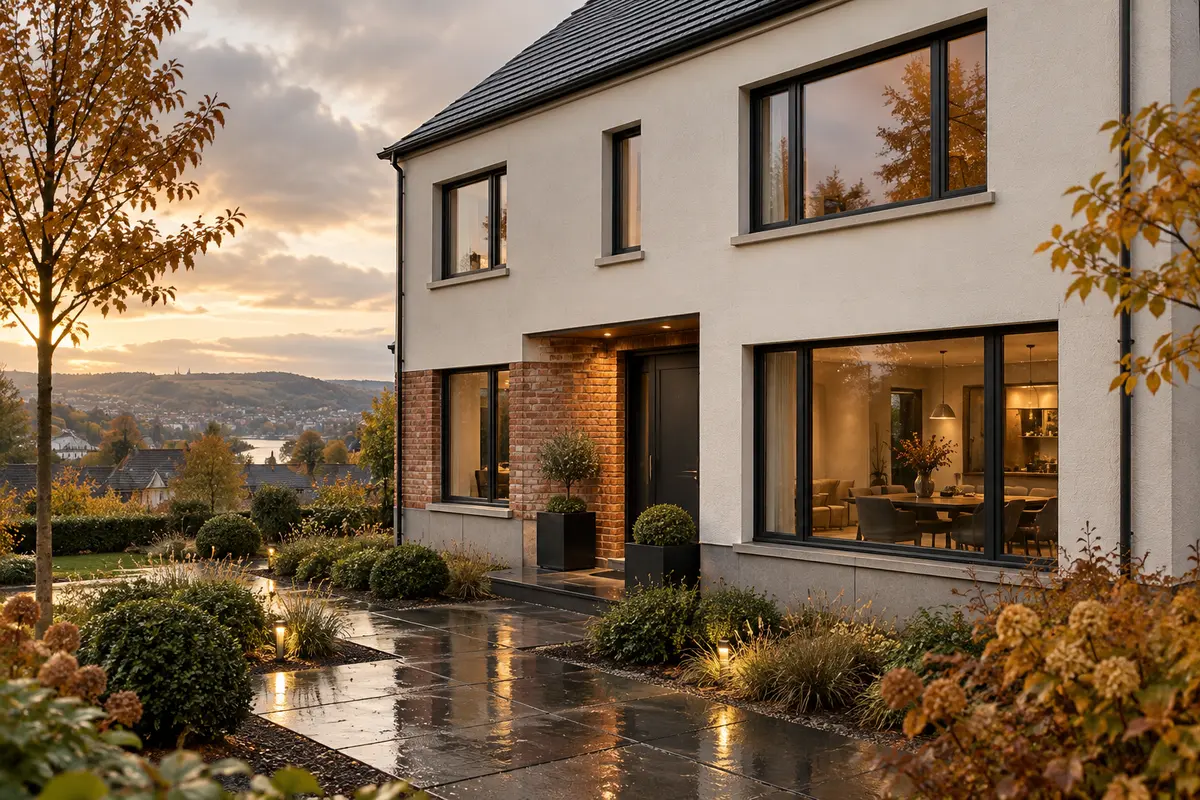 Maison belge à façade enduite ivoire, châssis anthracite et accent de briques