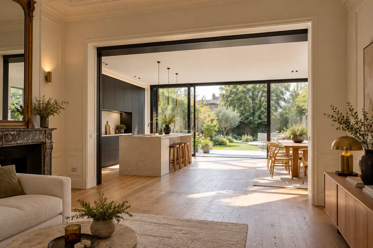 Passage intérieur entre une pièce ancienne et une annexe contemporaine ouverte sur le jardin