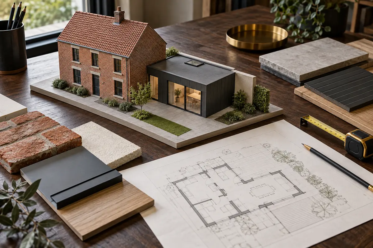 Maquette d’une maison en briques et de son annexe avec plans et échantillons de matériaux