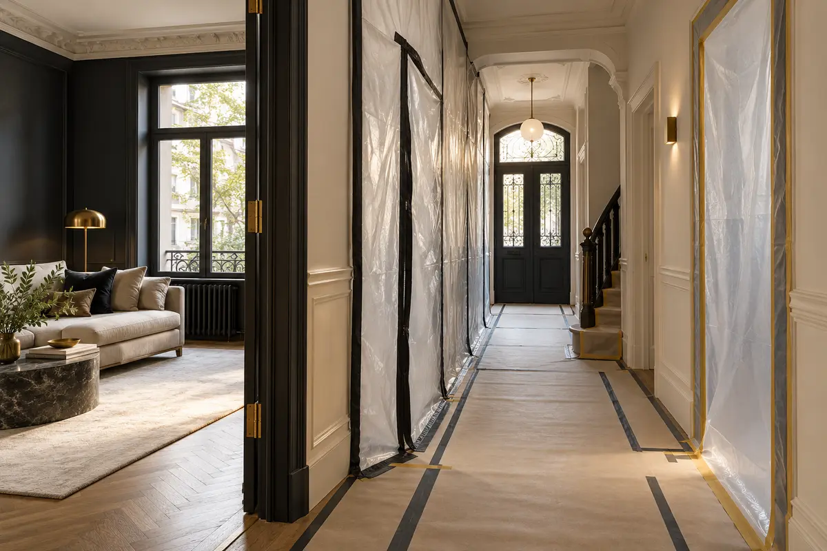 Couloir protégé par du papier au sol et des séparations transparentes entre zone habitée et zone de travaux