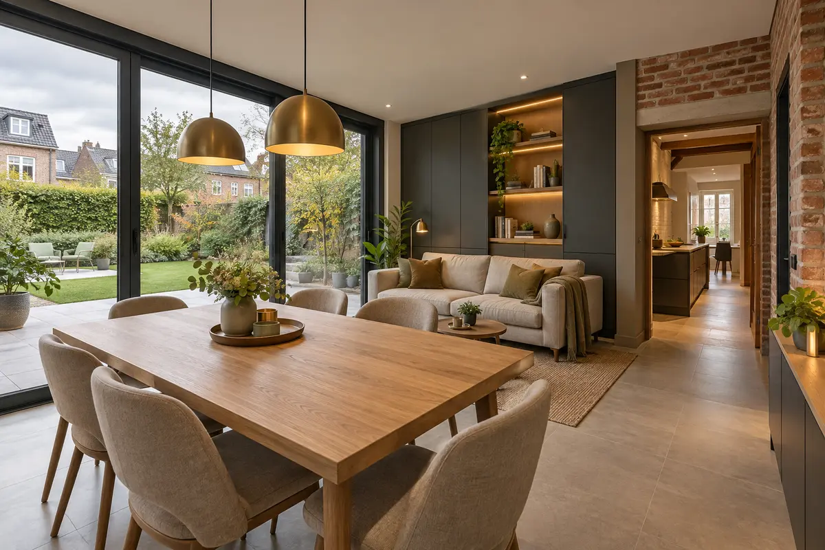 Intérieur lumineux d’une annexe aménagée en salle à manger et séjour reliés à la maison