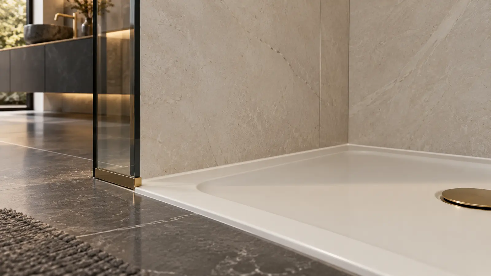 Jonction propre entre un receveur de douche ivoire et un carrelage mural dans une salle de bain contemporaine