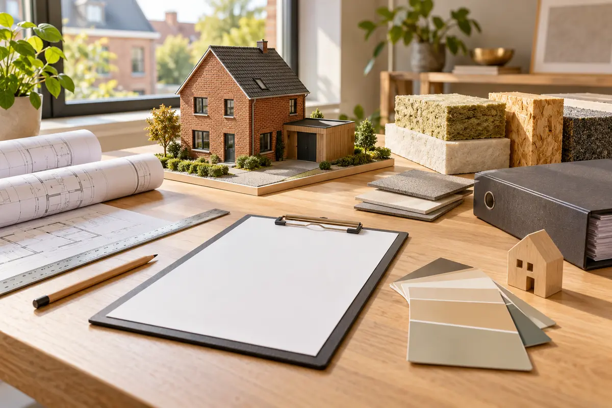 Maquette de maison, plans et matériaux préparés pour organiser un dossier de rénovation