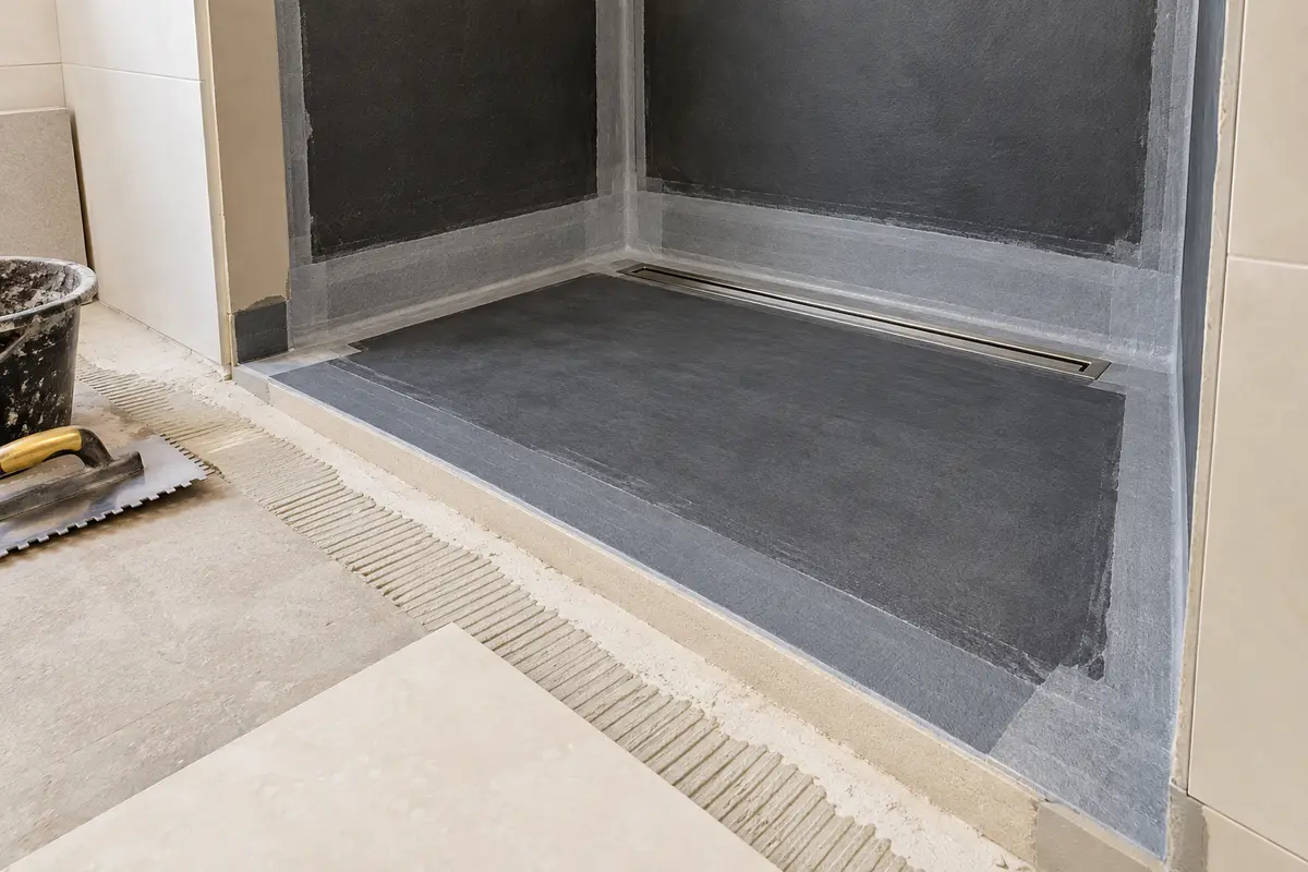 Zone de douche en préparation avec membrane d’étanchéité, caniveau et raccords mur-sol