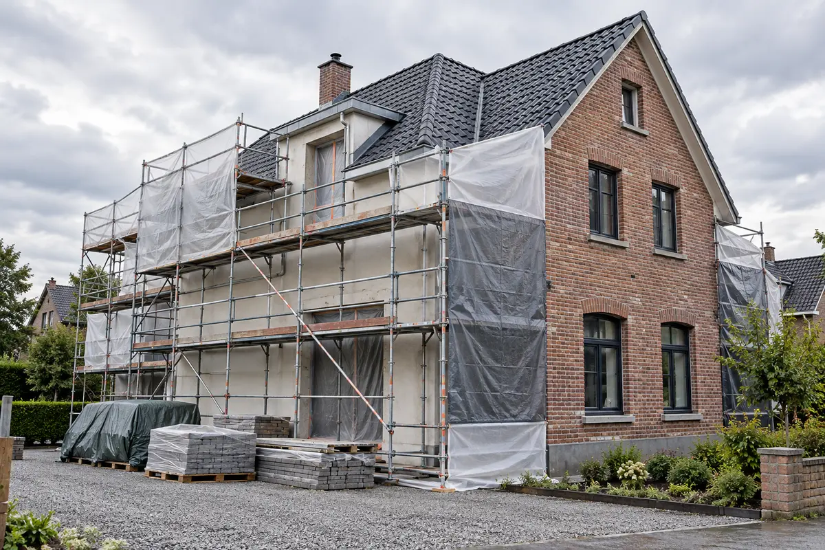 Maison en rénovation extérieure avec échafaudage et matériaux protégés sous un ciel couvert