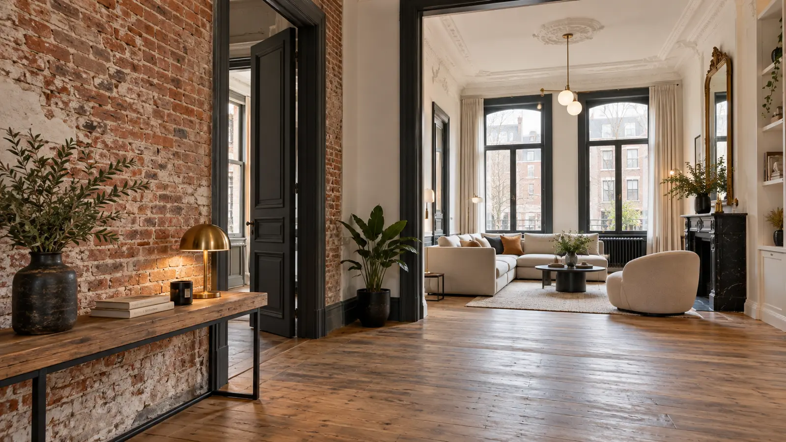Intérieur rénové d’une maison ancienne avec briques, parquet et finitions ivoire et anthracite