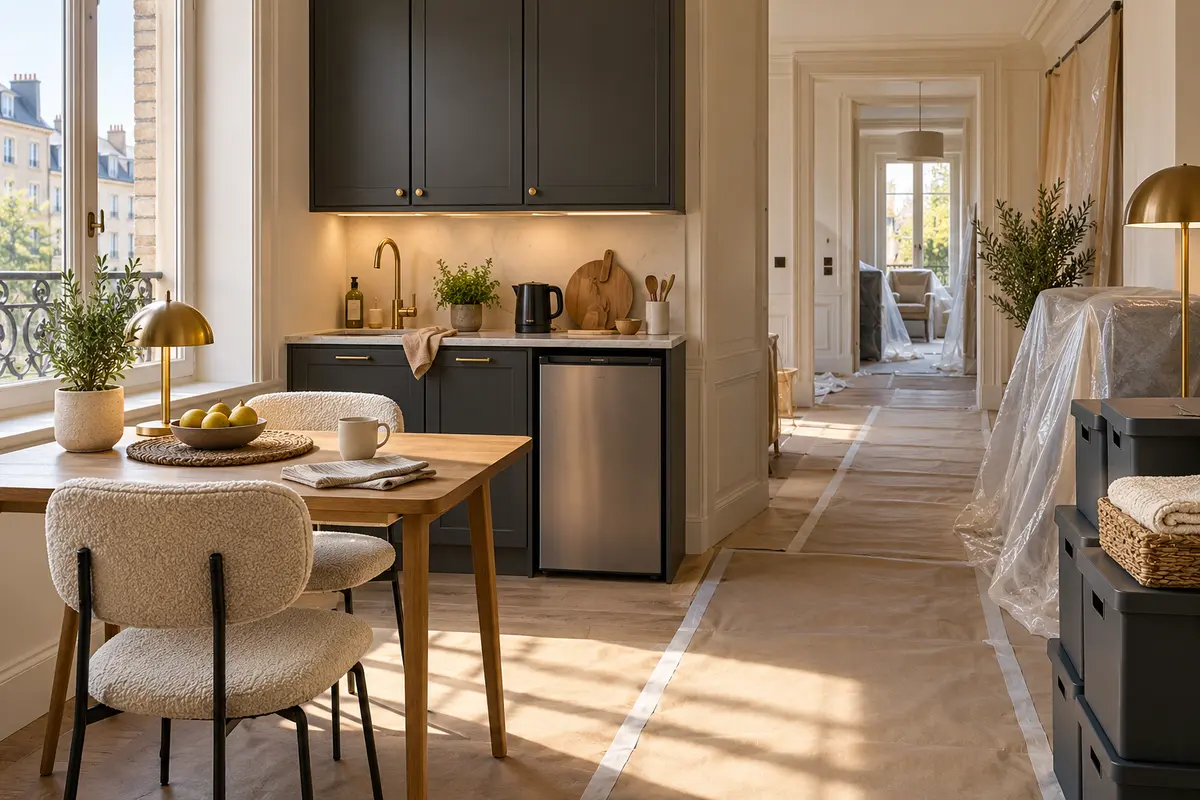 Coin cuisine temporaire aménagé dans une maison avec sol et mobilier protégés pendant les travaux