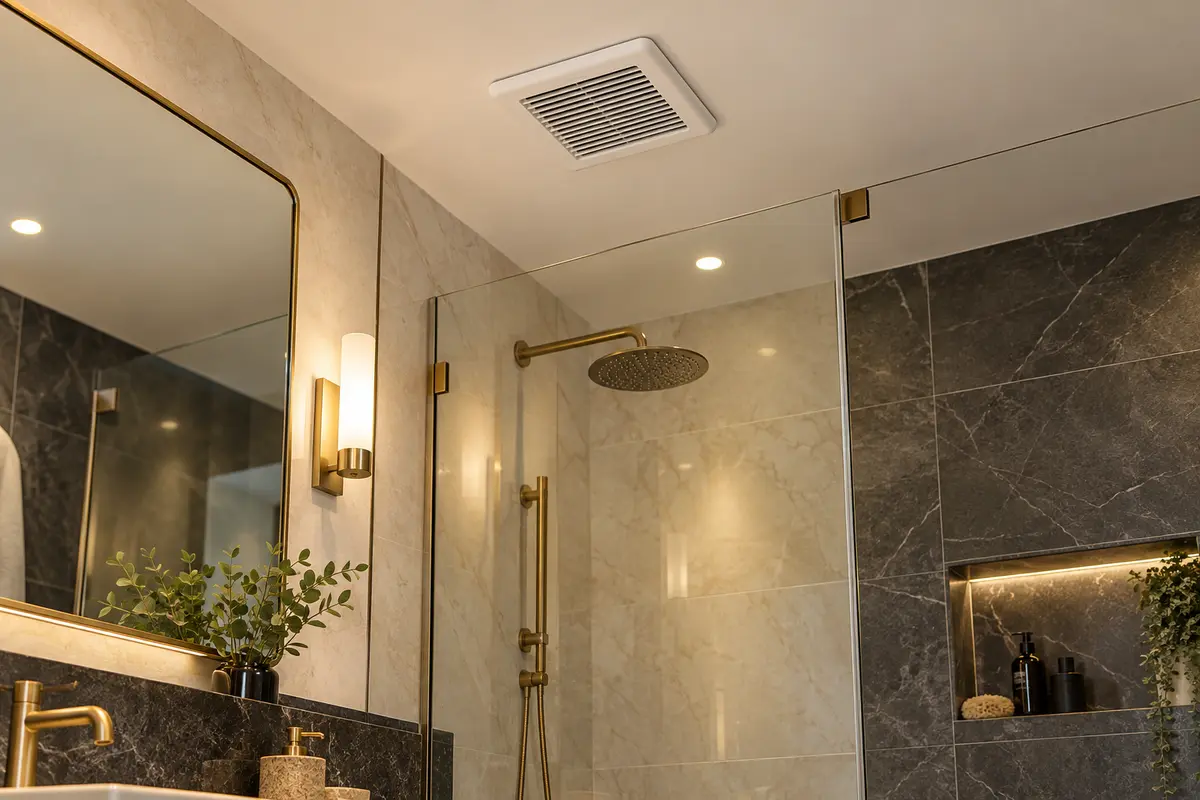 Bouche d’extraction au plafond au-dessus d’une douche dans une salle de bain sans fenêtre