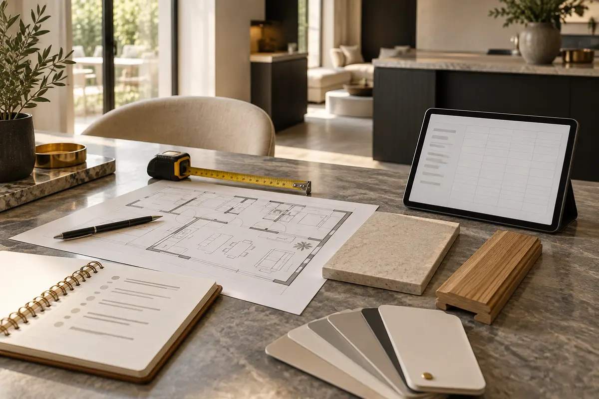 Plan de logement, carnet, mètre ruban, tablette et échantillons préparés sur une table